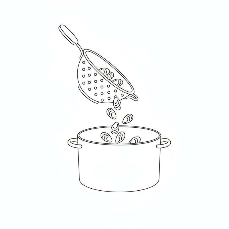 Line drawing of mussels in their shells being tipped from a colander into a large pot