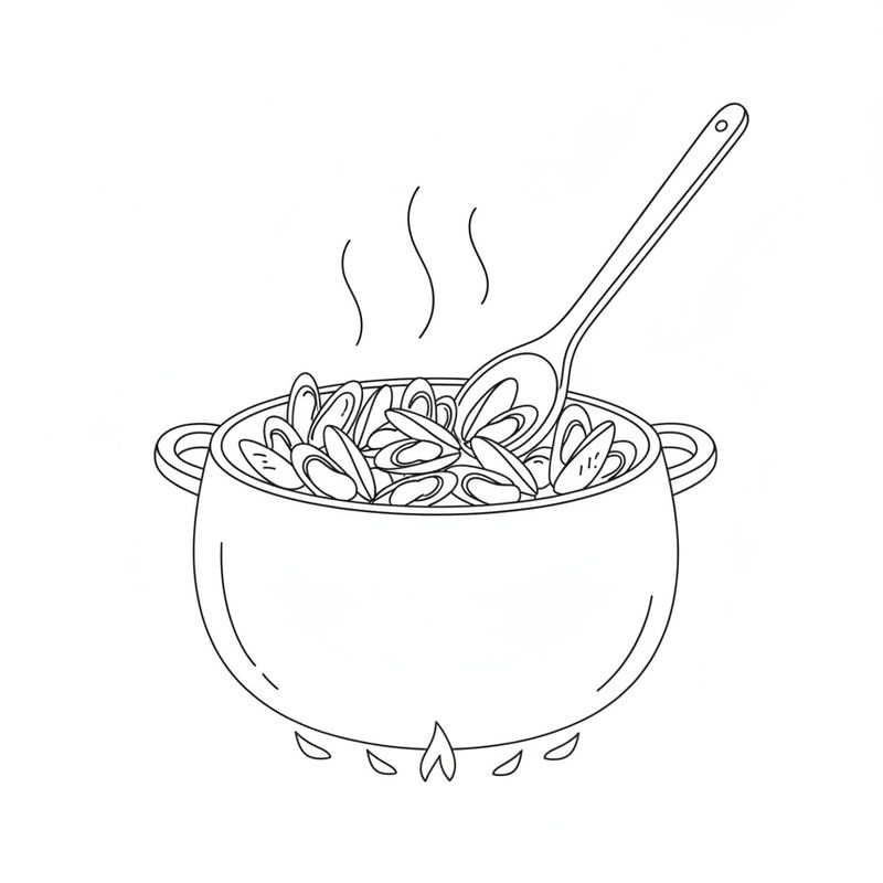 Line drawing of a steaming pot full of open mussels being stirred with a long spoon over a flame