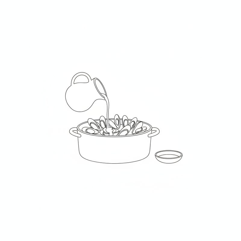 Line drawing of cream being poured from a jug into a wide pot of open mussels, with a small empty dish beside the pot