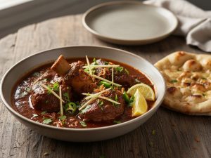 Beef nihari in a wide stoneware bowl: dark red-brown gravy with shank pieces and a marrow bone, topped with julienned ginger, green chilli rings, coriander leaves, fried onions and lemon wedges, with a naan alongside