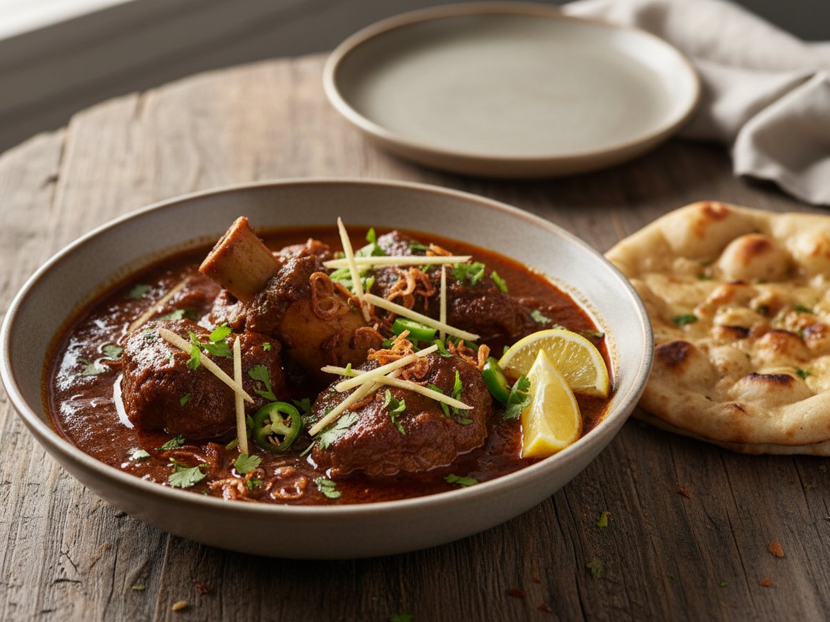 Beef nihari in a wide stoneware bowl: dark red-brown gravy with shank pieces and a marrow bone, topped with julienned ginger, green chilli rings, coriander leaves, fried onions and lemon wedges, with a naan alongside