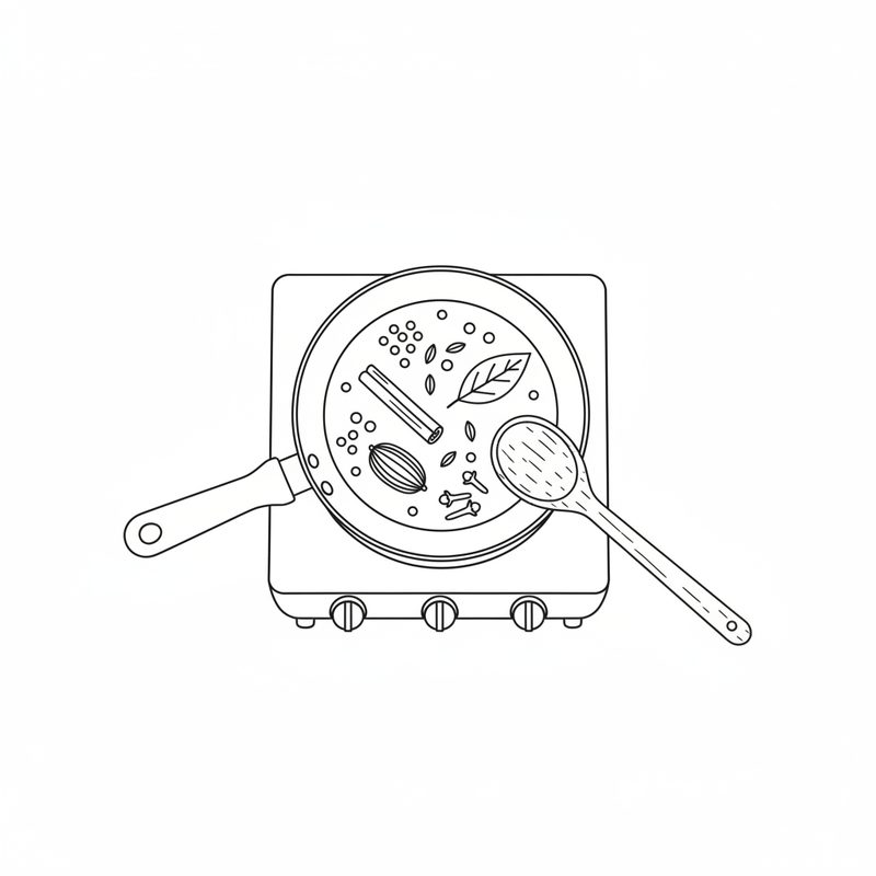 Line drawing of whole spices - a cinnamon stick, cardamom pods, cloves, seeds and a bay leaf - toasting in a dry pan on a hob, a wooden spoon beside them