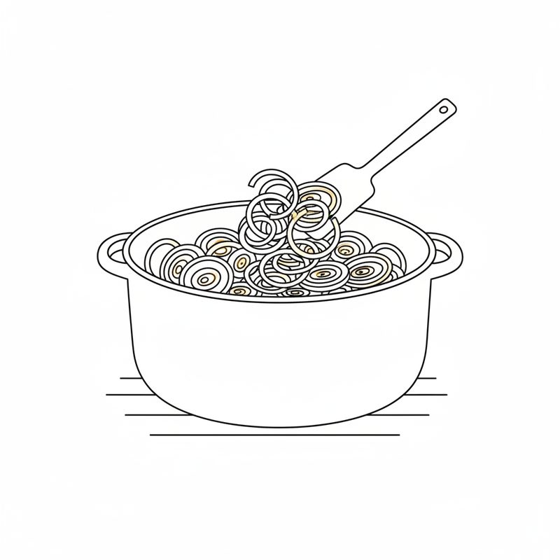 Line drawing of sliced onion rings frying in a large pot, a spatula lifting some of them