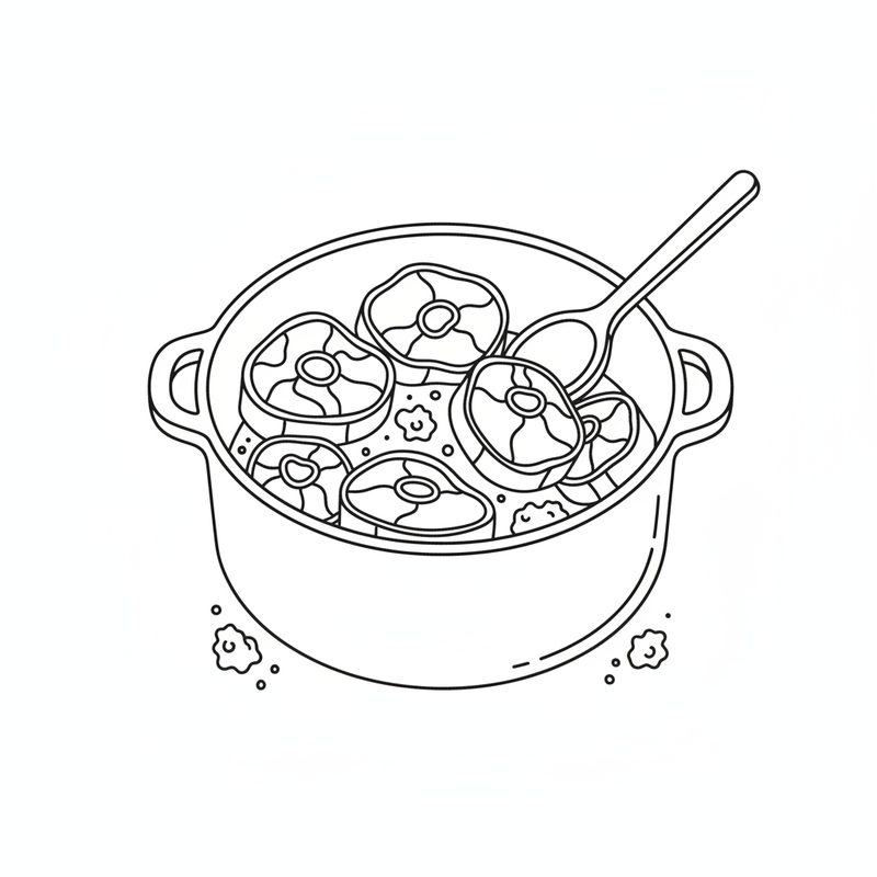 Line drawing of round cross-cut beef shank pieces with the bone in the centre browning in a heavy pot, a spoon resting in it