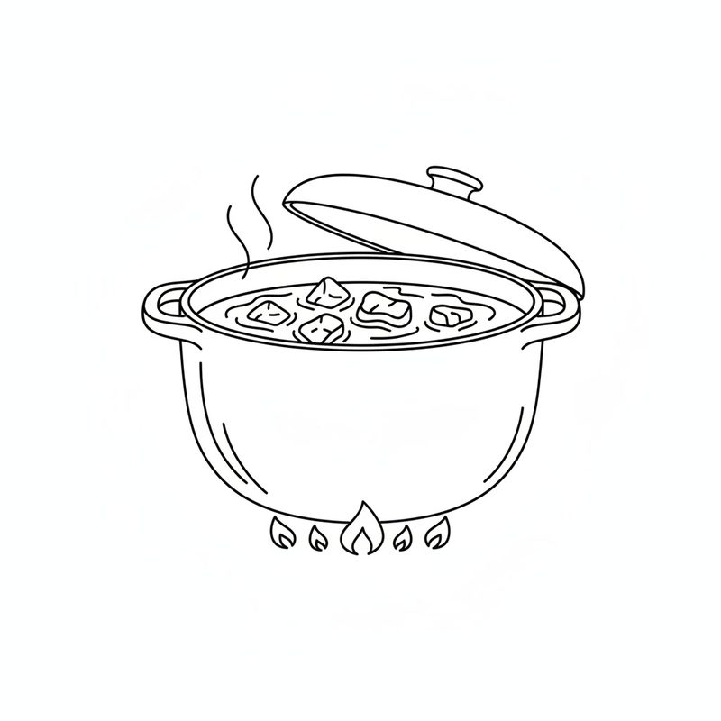 Line drawing of a pot of meat simmering in liquid on a gas flame, the lid tilted open and steam rising