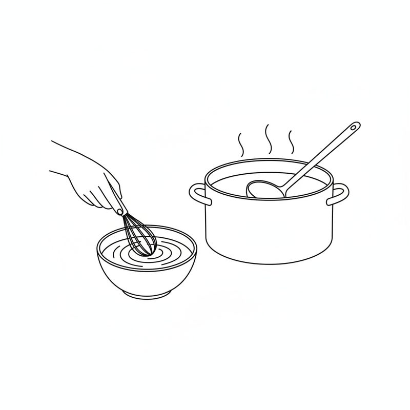 Line drawing of a hand whisking a thin paste in a small bowl beside a steaming pot with a ladle in it