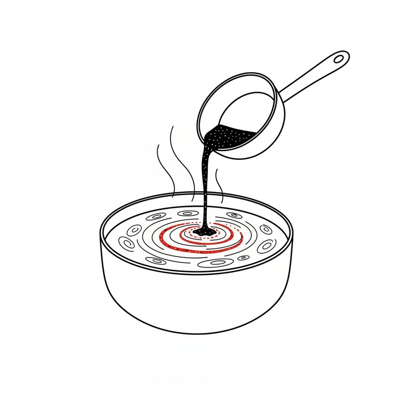Line drawing of a small pan pouring dark spiced oil into a steaming pot, a red ring spreading across the surface