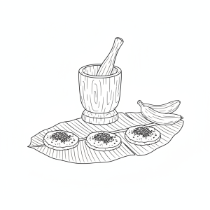 Line drawing of three flattened rounds of mashed banana on a banana leaf, each topped with grated coconut and crushed peanuts, with a wooden mortar and pestle and two whole bananas behind them