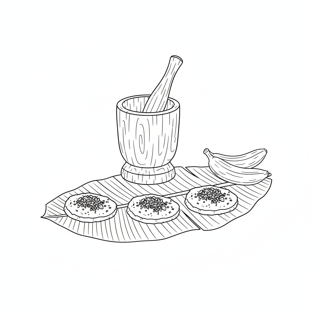 Line drawing of three flattened rounds of mashed banana on a banana leaf, each topped with grated coconut and crushed peanuts, with a wooden mortar and pestle and two whole bananas behind them