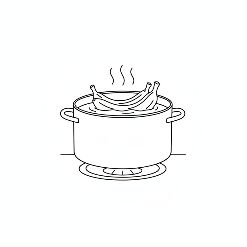 Line drawing of a covered pot of water on a stove burner with whole bananas inside and steam rising