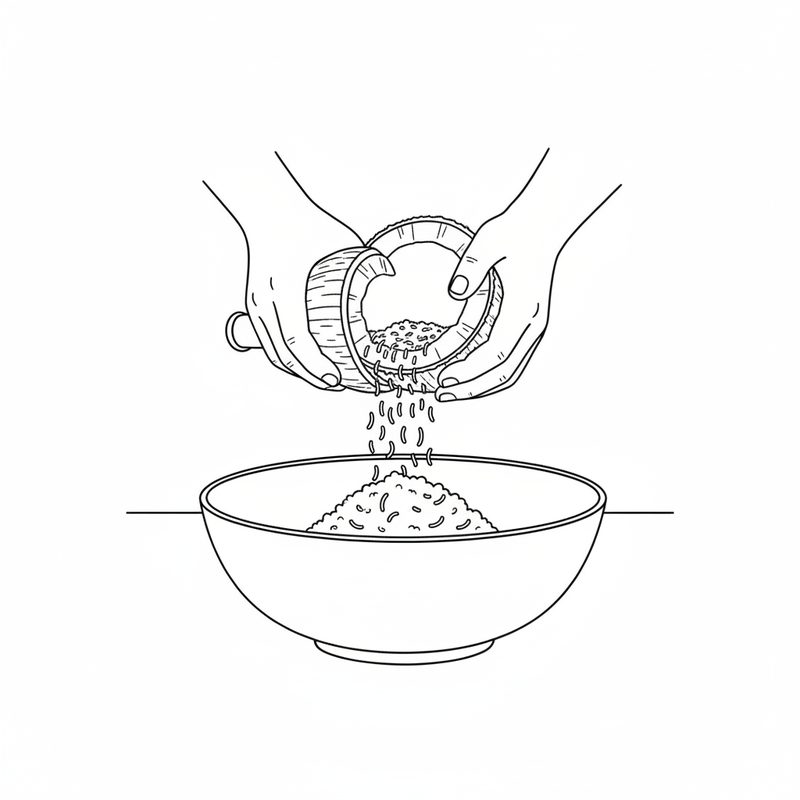 Line drawing of two hands holding a halved coconut, grated shreds falling into a bowl below