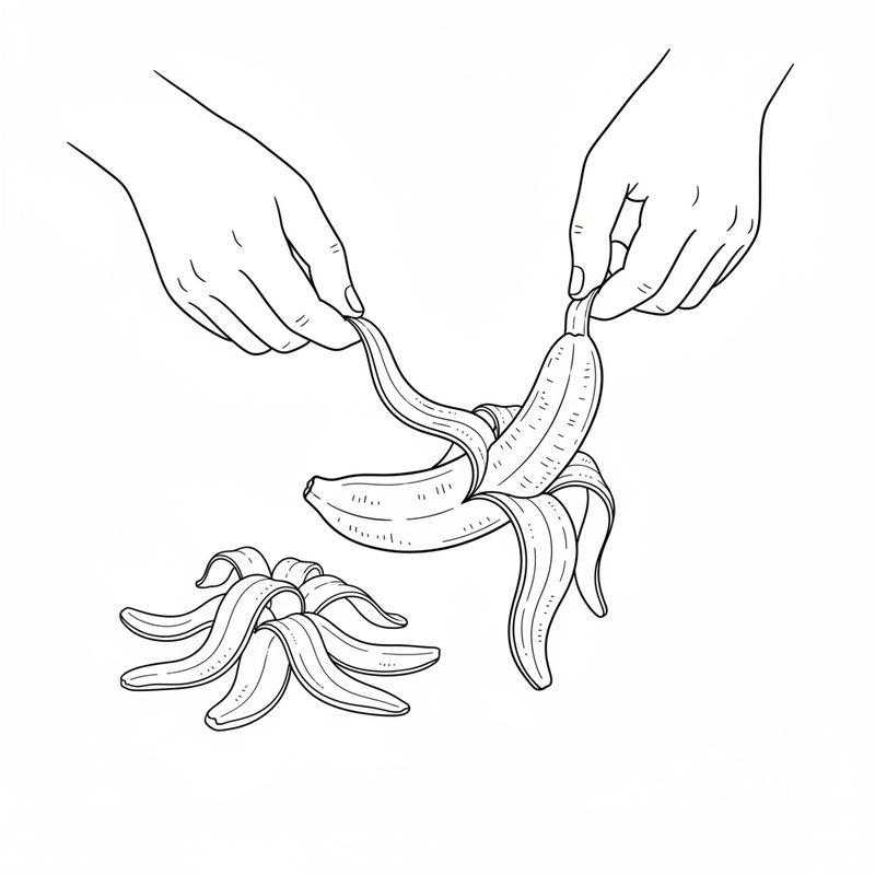 Line drawing of two hands peeling the skin from a cooked banana, with a pile of discarded peels beside it