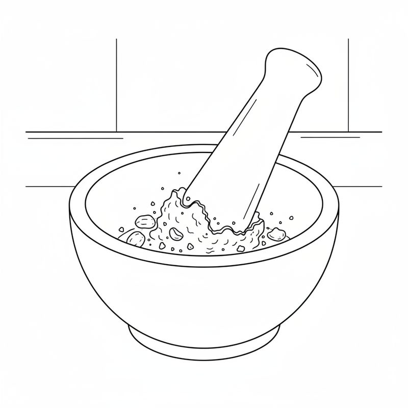 Line drawing of a pestle crushing peanuts into coarse crumbs in a round mortar