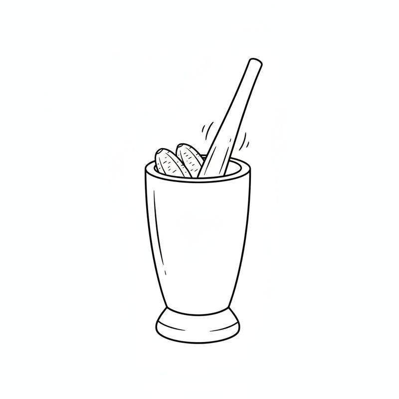 Line drawing of a tall narrow wooden mortar holding banana pieces, with a long pestle standing in it