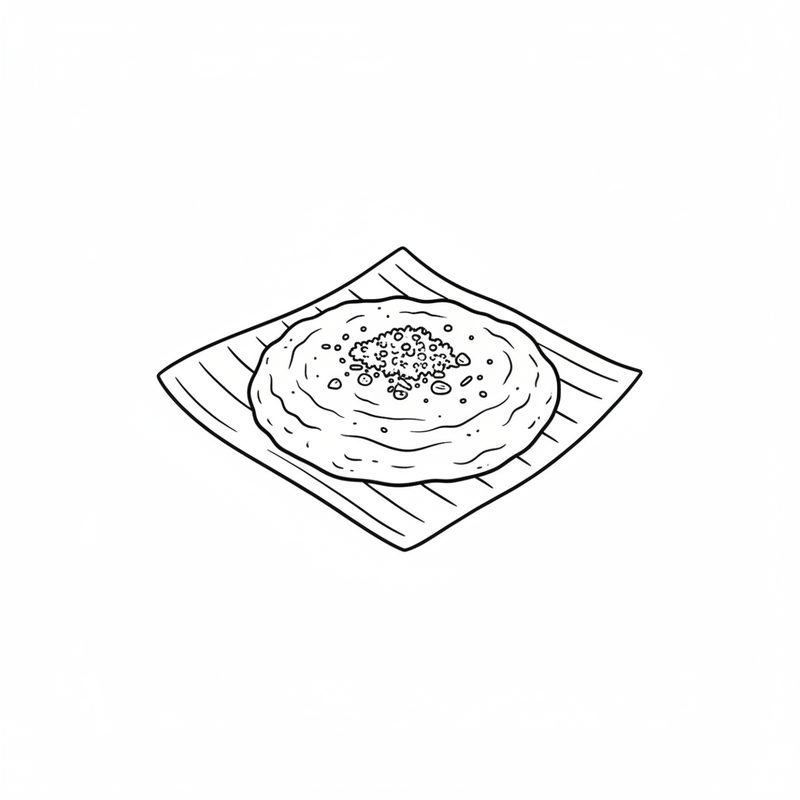 Line drawing of a flattened round of mashed banana on a square of banana leaf, sprinkled with coconut and crushed peanuts