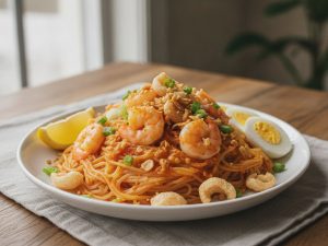 Pancit palabok on a white plate: rice noodles in orange shrimp sauce topped with shrimp, sliced boiled egg, pork cracklings and spring onion, with a lemon wedge