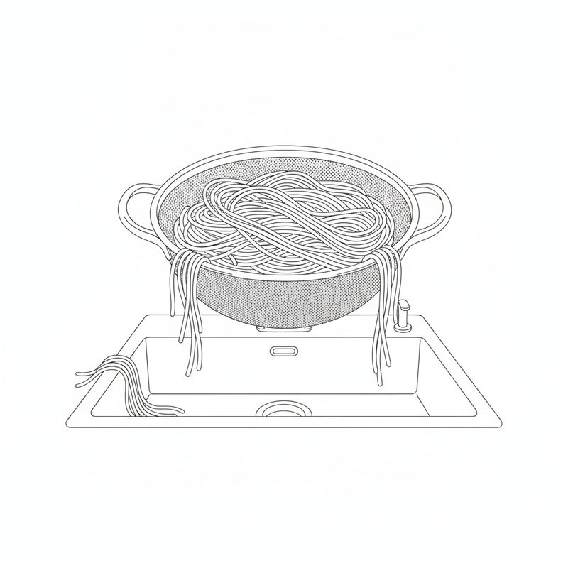 Line drawing of cooked noodles draining in a colander set over a kitchen sink, a few strands hanging over the rim