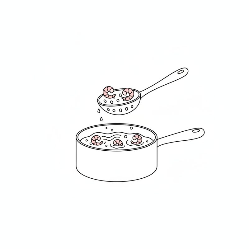 Line drawing of a slotted spoon lifting pink shrimp out of a saucepan of simmering liquid with more shrimp still in it