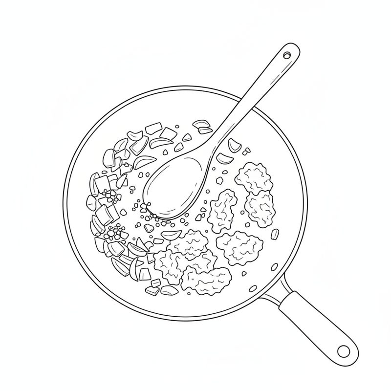 Line drawing seen from above of a frying pan holding chopped onion, garlic and browned ground pork, with a spoon resting in it