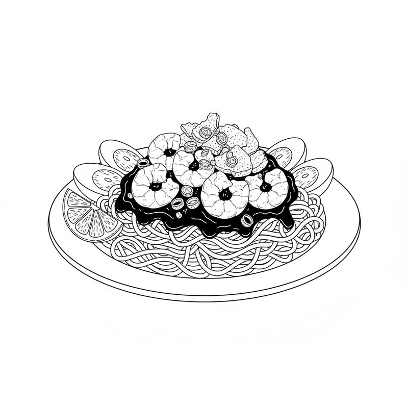 Line drawing of a plate of noodles covered in sauce and topped with shrimp, sliced boiled eggs, crushed pork rinds and lemon slices