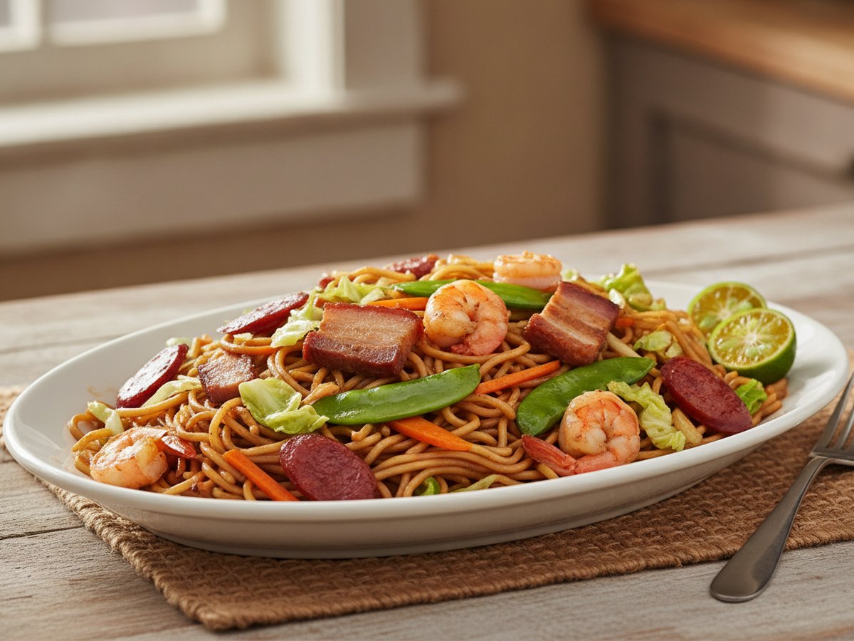 Platter of pancit canton, stir-fried noodles with pork belly, shrimp, Chinese sausage, cabbage, carrot and snow peas, with calamansi halves