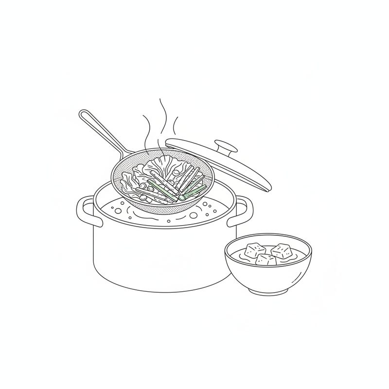 Line drawing of a mesh strainer holding cabbage leaves, carrot sticks and green beans over a pot of boiling water, with a bowl of ice water beside it