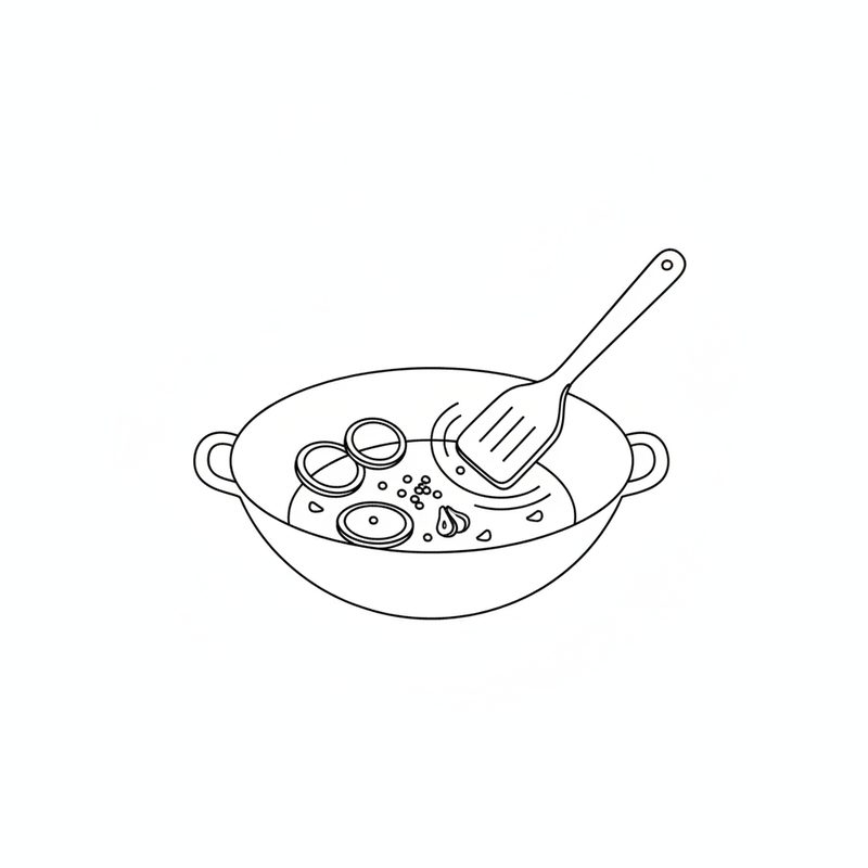 Line drawing of a two-handled wok with onion rings and bits of garlic in oil, a slotted spatula stirring them