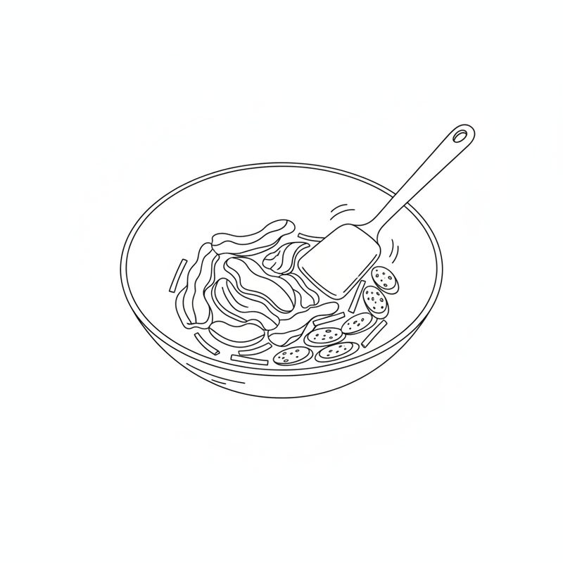 Line drawing of a wok holding strips of sliced meat and round slices of sausage, with a spatula turning them