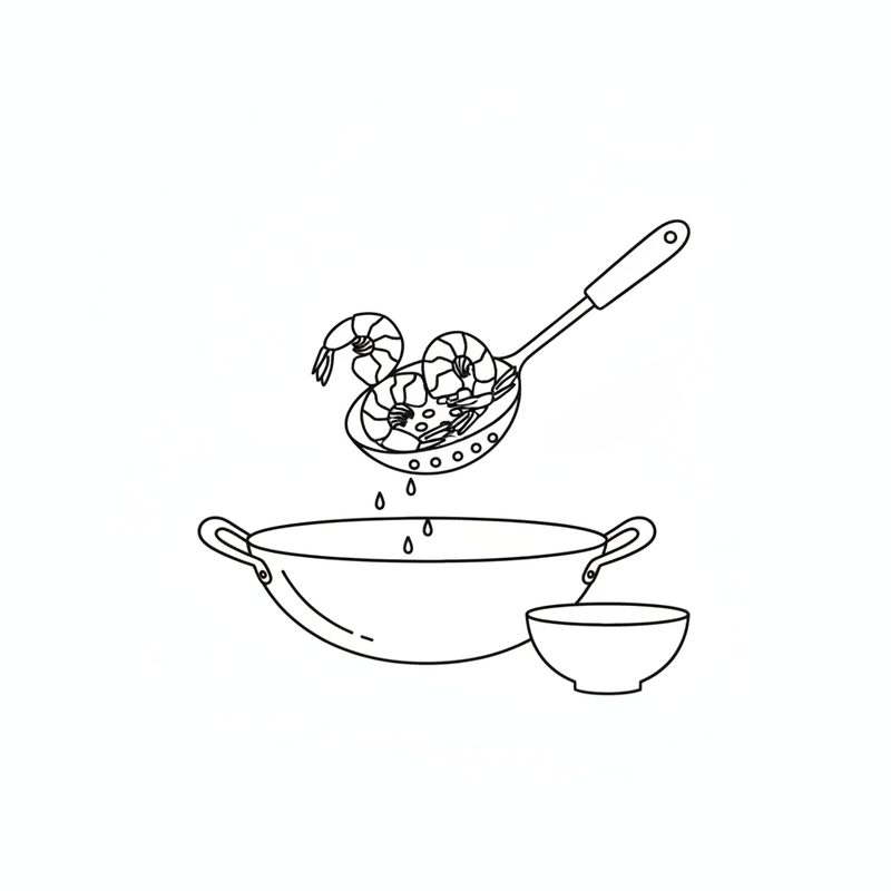 Line drawing of a slotted spoon lifting cooked curled shrimp up out of a wok, a small empty bowl waiting beside it