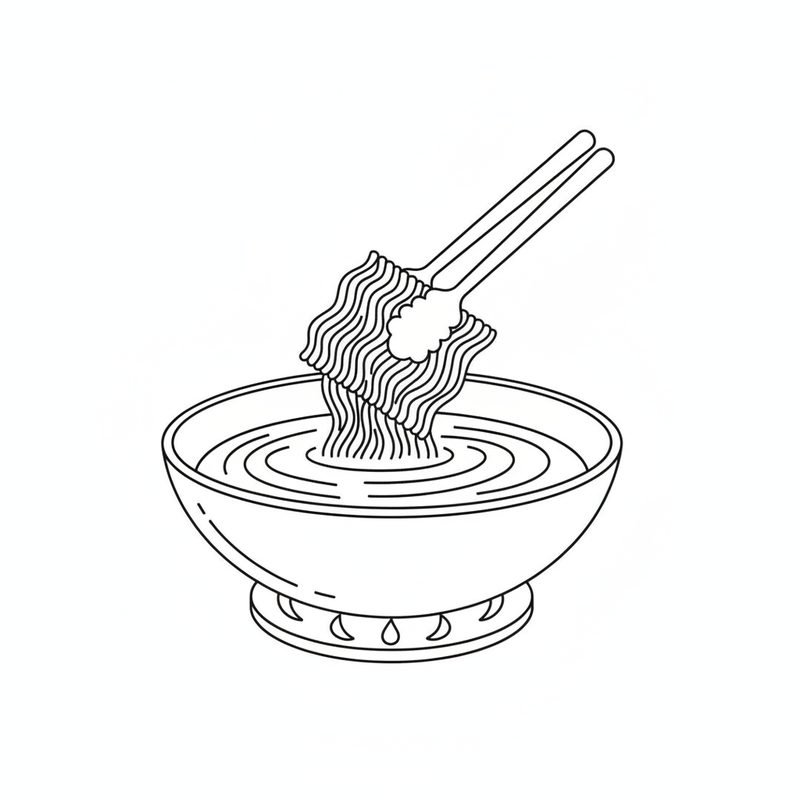 Line drawing of tongs pushing a bundle of thin wavy noodles down into liquid in a deep pan set over a gas flame