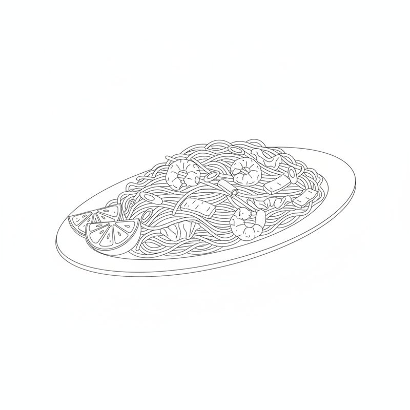 Line drawing of an oval platter piled with thin noodles, shrimp and sliced vegetables, with lemon wedges at the edge