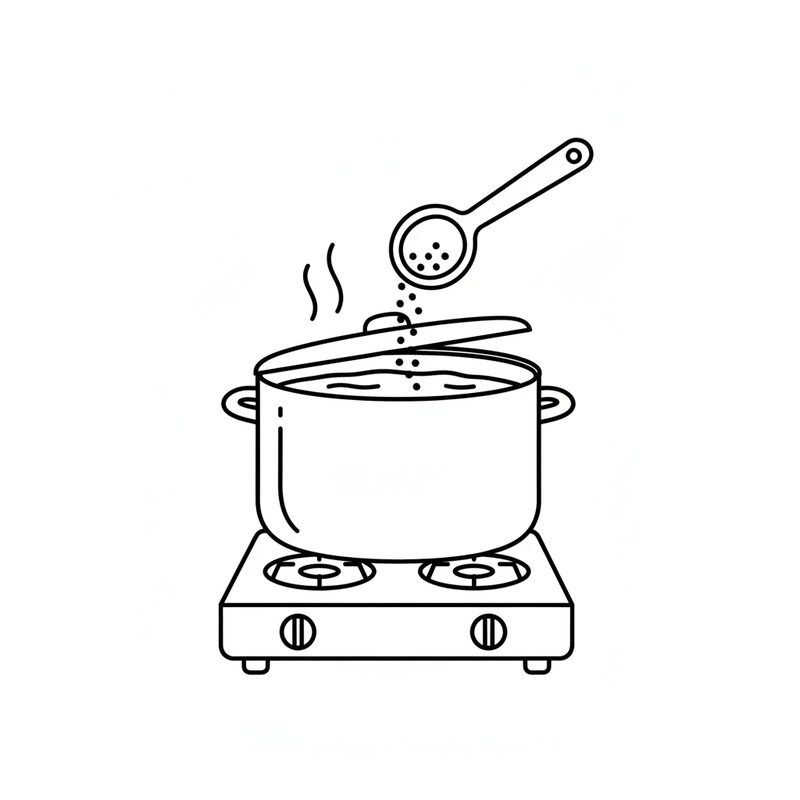 Line drawing of a lidded pot of water on a two-burner stove, with salt being sprinkled in from a spoon.
