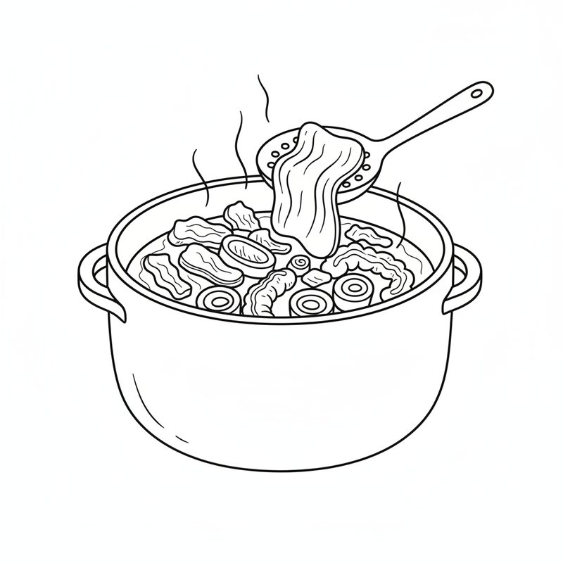 Line drawing of a slotted spoon lifting a piece of tripe out of a pot of simmering offal.