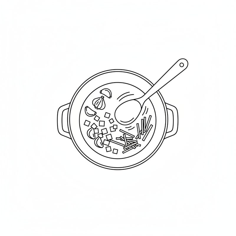 Line drawing of a pot seen from above, with garlic, diced onion and julienned ginger being stirred by a wooden spoon.