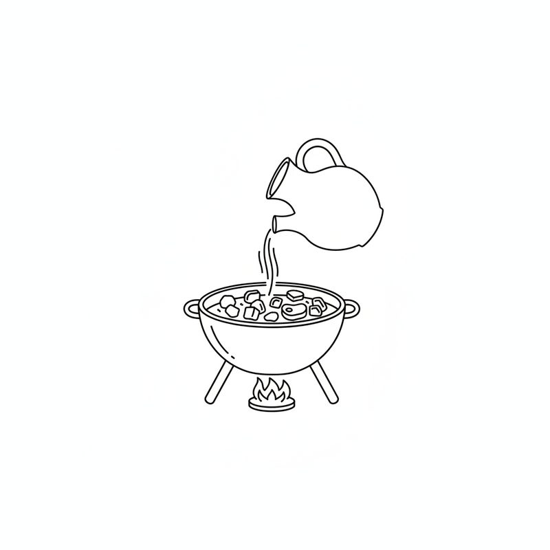 Line drawing of a jug pouring water into a pot of cubed meat simmering over an open flame.