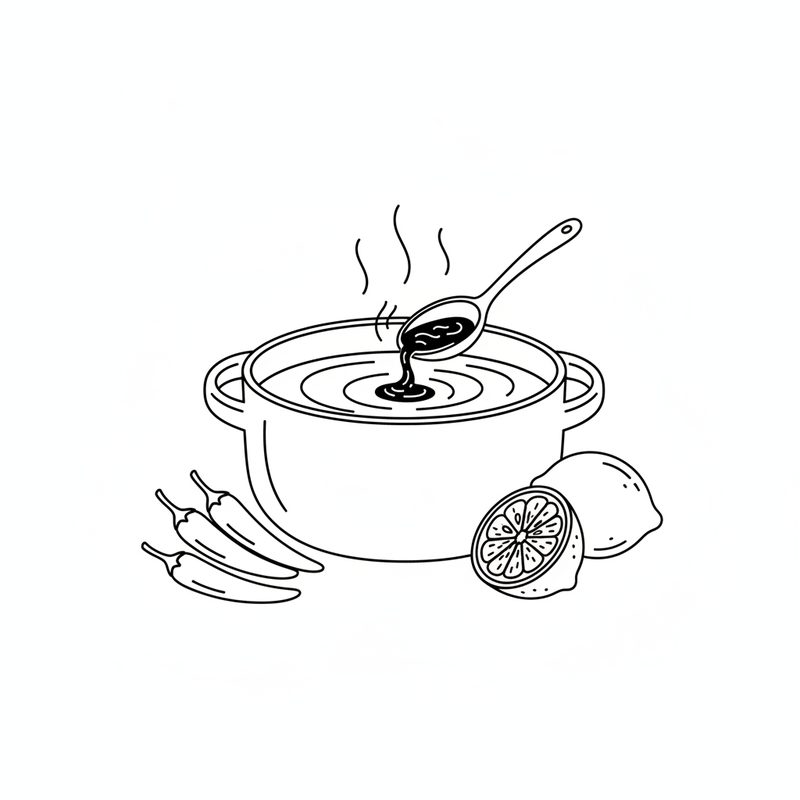 Line drawing of a spoonful of dark bile being stirred into a pot of soup, with finger chilies and a halved lemon beside it.
