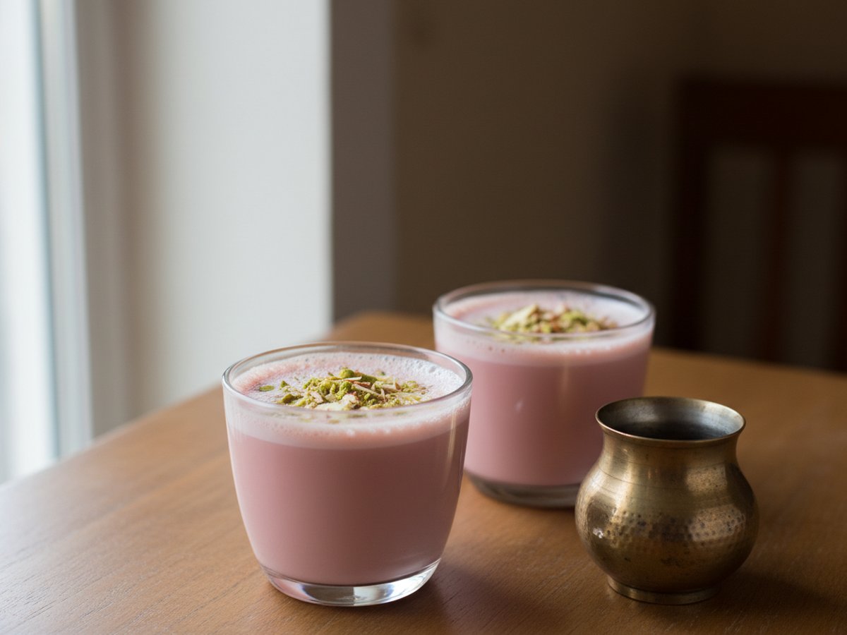 Two glasses of pale pink Kashmiri chai with a frothy top and crushed pistachios and almonds, beside a small brass pot on a wooden table