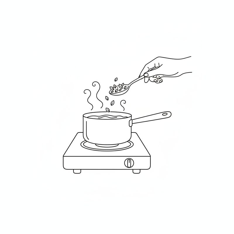 Line drawing of a hand spooning loose tea leaves into a steaming saucepan on a hotplate