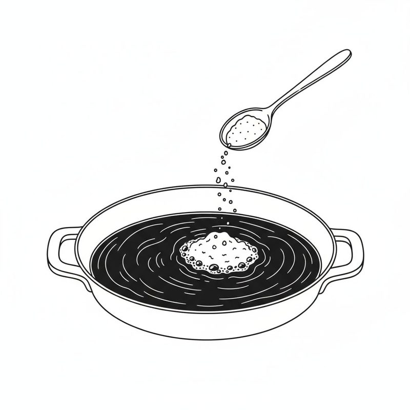 Line drawing of a spoon sprinkling white powder into a wide pan of dark tea, which foams where it lands