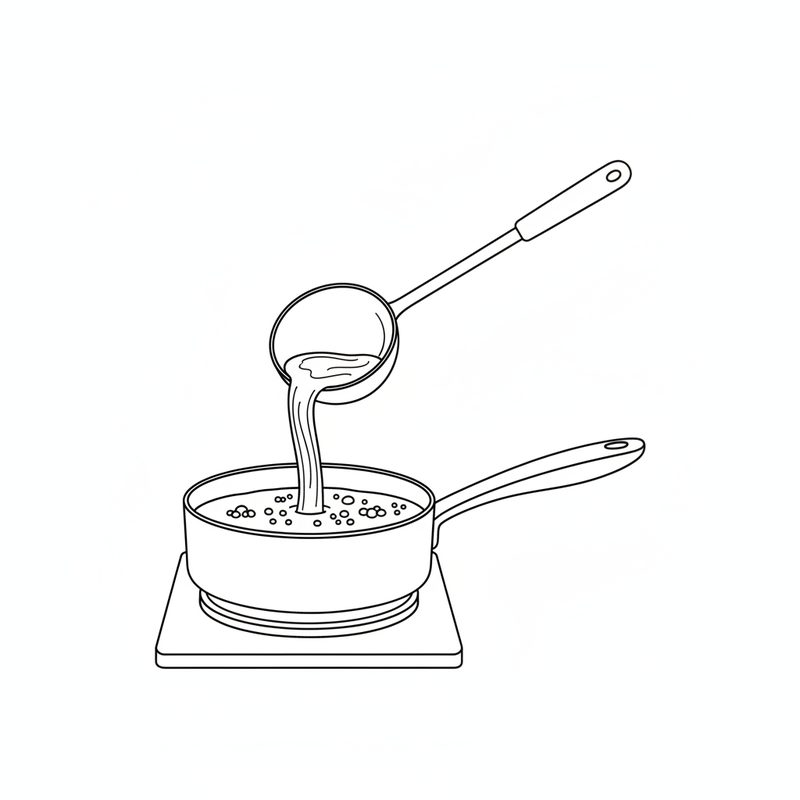 Line drawing of a ladle pouring tea back into a saucepan on a hotplate to aerate it