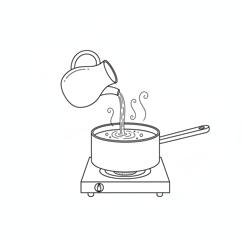 Line drawing of a jug pouring water into a steaming saucepan on a hotplate