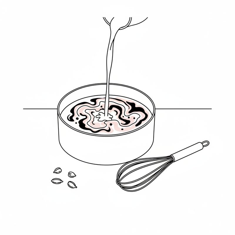 Line drawing of milk being poured into a pan of dark tea, swirling pink, with a whisk and cardamom pods beside it
