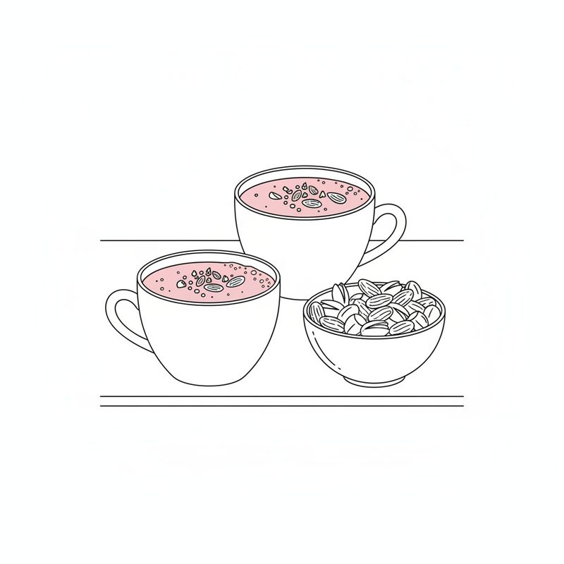 Line drawing of two cups of pink tea topped with nuts, next to a bowl of almonds and pistachios
