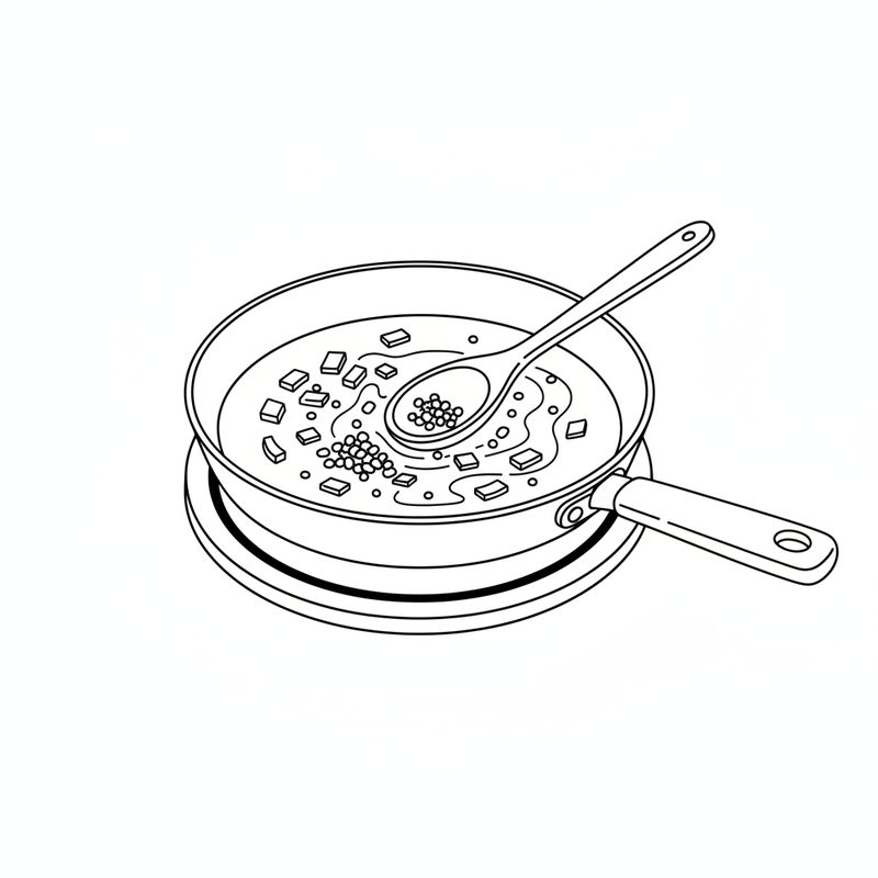 Line drawing of a frying pan on a stovetop burner with chopped onion and small bits of garlic in oil, a wooden spoon resting in the pan