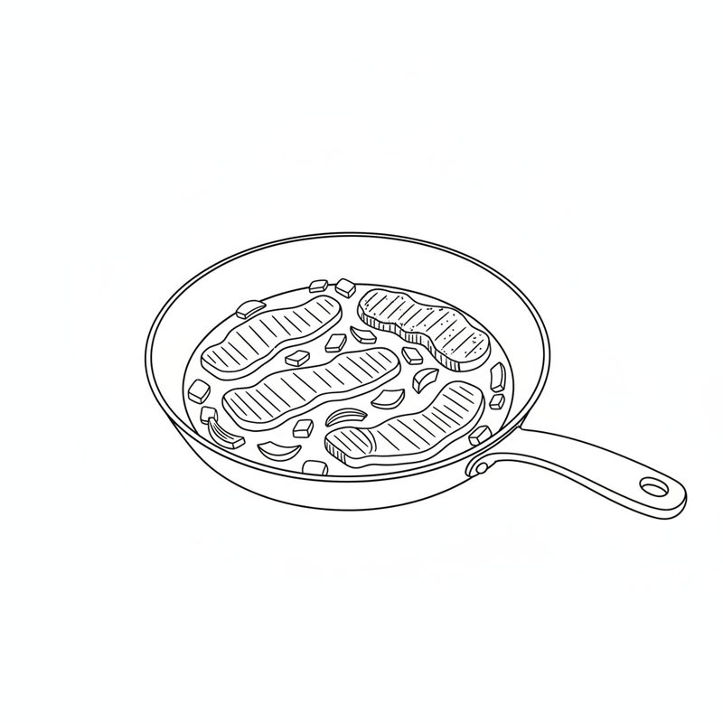 Line drawing of four long strips of pork browning in a frying pan among pieces of chopped onion