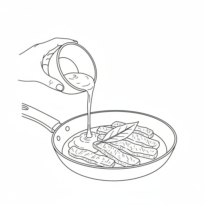 Line drawing of a hand pouring sauce from a small bowl into a frying pan of pork strips with a bay leaf lying on top