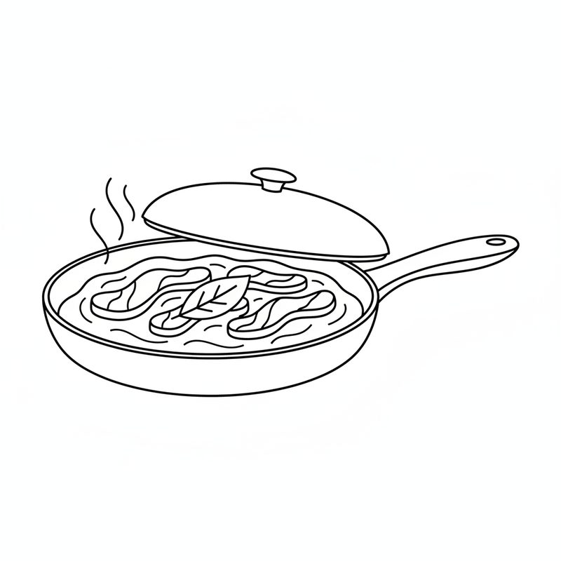 Line drawing of a frying pan with its lid set ajar and steam rising, strips of pork and a bay leaf simmering in sauce inside