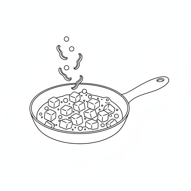 Line drawing of green peas and strips of pepper dropping into a frying pan of cubed pork in sauce