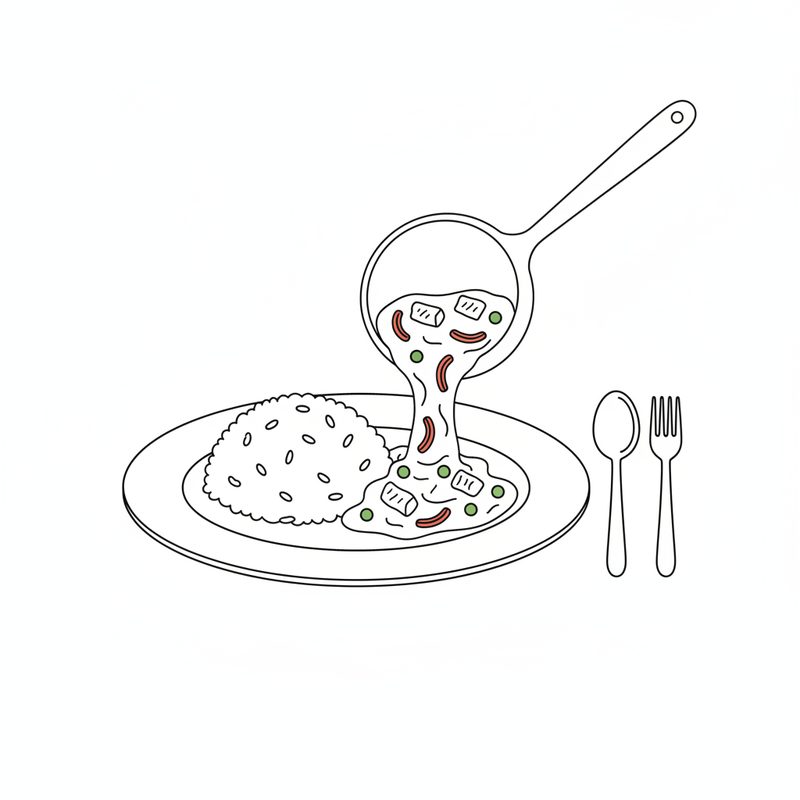Line drawing of a ladle spooning pork, green peas and red pepper strips in sauce onto a plate beside a mound of rice, with a spoon and fork alongside