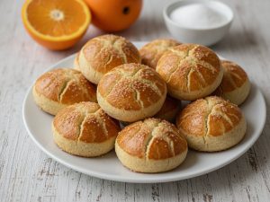 A white plate of golden qurabiya with cracked, sugar-sprinkled tops, with a halved orange and a bowl of sugar behind